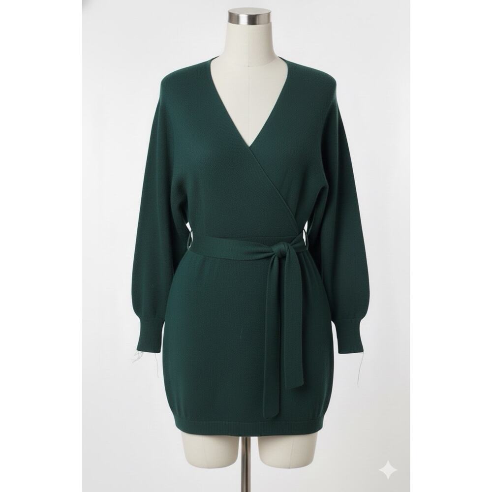 Zonsaoja Holiday Sexy Knit Sweater Mini Dress V Neck Dark Green Long Sleeve L